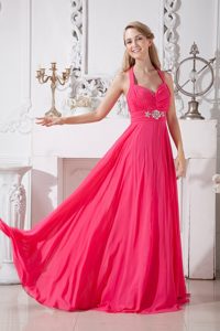 Halter Ruched Hot Pink Prom Bridesmaid Dress with Rhinestones
