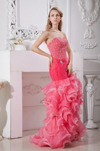 Customized Beaded Ruffled Coral Red Dress for Prom Queen