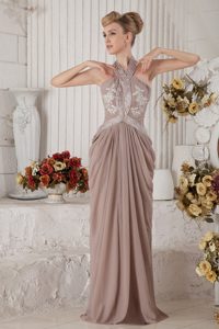 New Halter Appliqued Ruched Brown Prom Party Dress in Vail