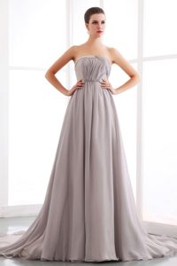 Discount Strapless Court Train Rhinestones Grey Dress for Prom