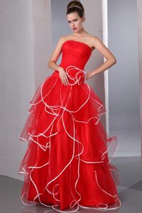 Multi-Tiered Organza Strapless Red Prom Gown Dress with Ruffles