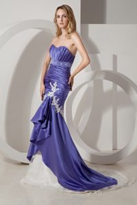 Court Train Ruche Appliqued Prom Gown Dress Purple And White