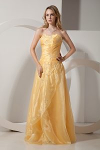 Taffeta Organza Beaded Gold Prom Dress with Embroidery