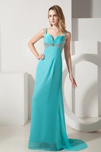 Inexpensive Turquoise Beaded Brush Train Dress for Prom Queen