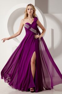 Flowery One Shoulder Beading Prom formal Dresses in Dark Purple