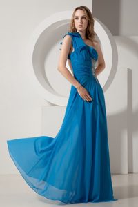 Best Blue One Shoulder Chiffon Prom formal Dress with Beading Ruches