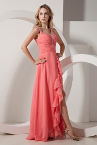 Beaded and Ruched Watermelon Straps Prom Pageant Dresses Chiffon