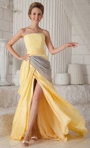 Yellow and Gray Strapless High Slit Chiffon Prom Pageant Dresses