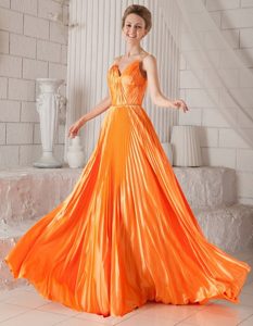 Pleats Accent Orange Prom Pageant Dresses with Spaghetti Straps