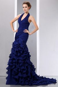 Halter Ruched Ruffled Navy Blue Dress for Prom Queen in Greeley