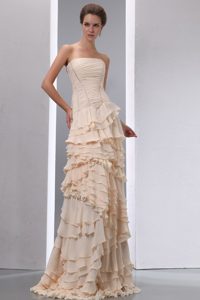 Column Strapless Champagne Prom Dress with Ruffled Layers