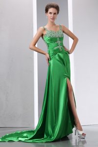 Straps Beaded Slitted Green Prom Gown Dress Court Train