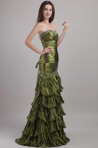 Beaded Olive Green Prom Pageant Dress with Ruches and Ruffled Layers