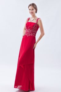 Embroidered Straps Beading Coral Red Floor Length Prom Dama Dress