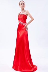 Red One Shoulder Brush Prom Homecoming Dress with Beading Ruches