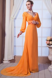 Orange Red V-neck Chiffon Prom Holiday Dresses with Long Sleeves