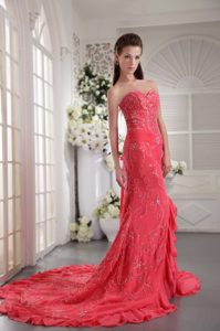 Turn Heads Coral Red Court Train Prom Gown Dress Appliqued