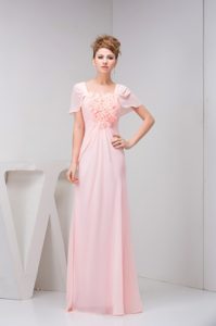 Cute Square Neck Short Sleeves Pink Prom Dress with Flowers