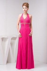 Halter Backless Denver Hot Pink Long Prom Dress with Beading