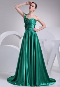 One Shoulder Ruched Turquoise Prom Evening Dress about 150