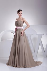 Free Shipping Strapless Ruched Grey Prom Dress with Pink Sash