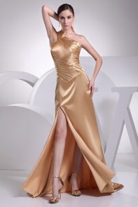 Low Price One Shoulder Slitted Gold Dress for Prom in Longmont