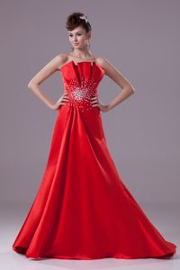 Traditional Red Sweep Train Prom Dress with Rhinestones
