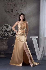 Slitted One Shoulder Gold Prom Gown Dresses Sweep Train