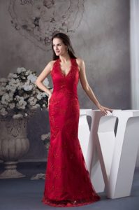 Wine Red Halter-Top Prom Dress for Women with Embroidery