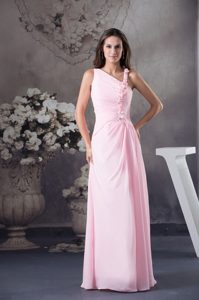 Asymmetrical Neckline Pink Prom Gown Dress with Flowers