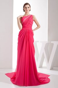 Pretty Watteau Train Beaded Ruched Coral Red Dress for Prom