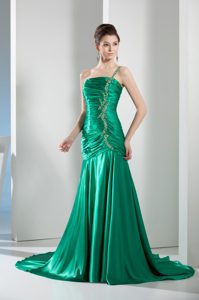 Court Train One Shoulder Green Ruched Beaded Prom Dress