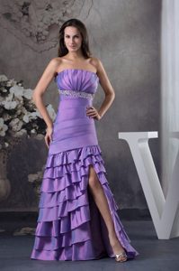 Lavender High Slit Prom Homecoming Dress with Beading Ruffled Layers