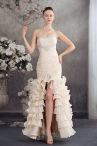 Beaded and Ruched Champagne Prom Celebrity Dresses with Ruffles