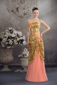Gold Paillette and Flowers Accent Pleated Watermelon Prom Dresses