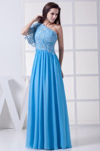 Lace Accent One Shoulder Blue Empire Long Prom Celebrity Dresses