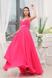 Beaded and Ruched Empire Halter Prom Celebrity Dress in Hot Pink