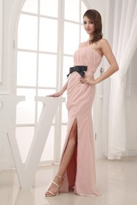 Pink Strapless Prom Celebrity Dress with Ruches Sash and High Slit