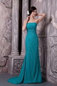Court Train Strapless Teal Court Train Prom Gowns with Beading