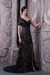 Special Black Short Sleeve Slitted Lace Prom Dress One Shoulder