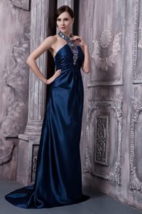 Halter Brush Train Navy Blue Prom Dress with the Back Out