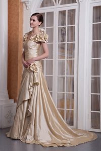 Champagne Off Shoulder A-line Prom Graduation Dress with Flowers