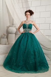 Green A-line Beaded Organza Prom Holiday Dresses of Floor Length