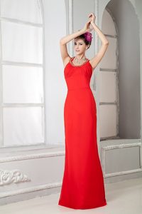 Red Column Halter Floor Length Prom Holiday Dresses with Beading