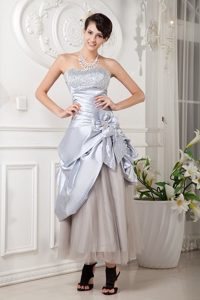 Strapless Ankle Length Silver Prom Dress with Beading and Flowers