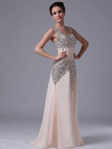 Champagne Chiffon Rhinestones Prom Gowns with Square Neck