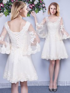 Gorgeous Scoop 3|4 Length Sleeve Tulle Knee Length Lace Up Dama Dress for Quinceanera in White for with Lace