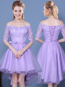 Off the Shoulder Lavender A-line Lace and Bowknot and Belt Quinceanera Court of Honor Dress Lace Up Tulle Half Sleeves High Low