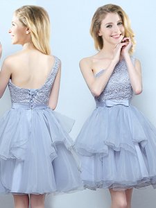 One Shoulder Grey A-line Lace and Ruffles and Belt Quinceanera Court Dresses Lace Up Organza Sleeveless Mini Length