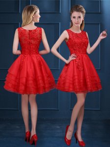 Shining Scoop Mini Length Zipper Quinceanera Court Dresses Red and In for Prom and Party and Wedding Party with Lace and Ruffled Layers